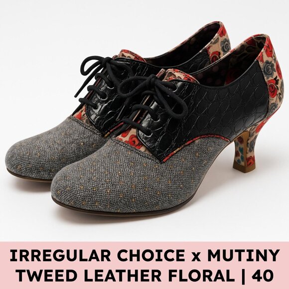 Irregular Choice Mutiny Tweed Oxford Heels Black Croc Kitten Heel Size 40 Retro - Picture 1 of 12